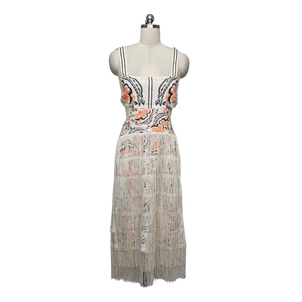 Celandine Orange Floral Fringe Cut-Out Linen Blend Midi Dress Size Medium NEW